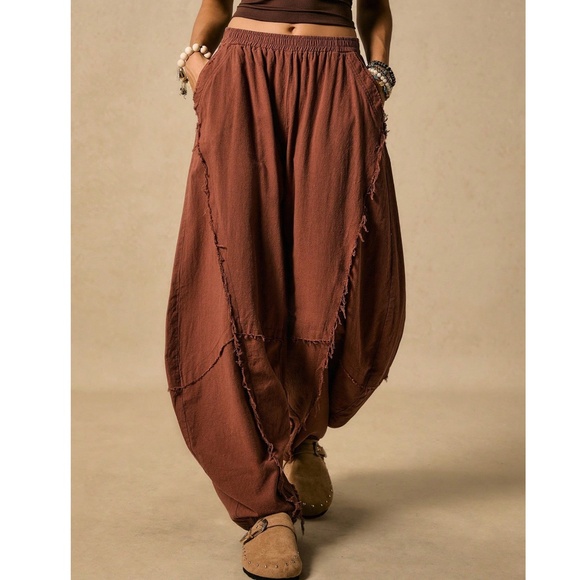 Boho Rust Brown Solid Stretchy waist Pockets Frayed Detail Harem Pants - Picture 8 of 10